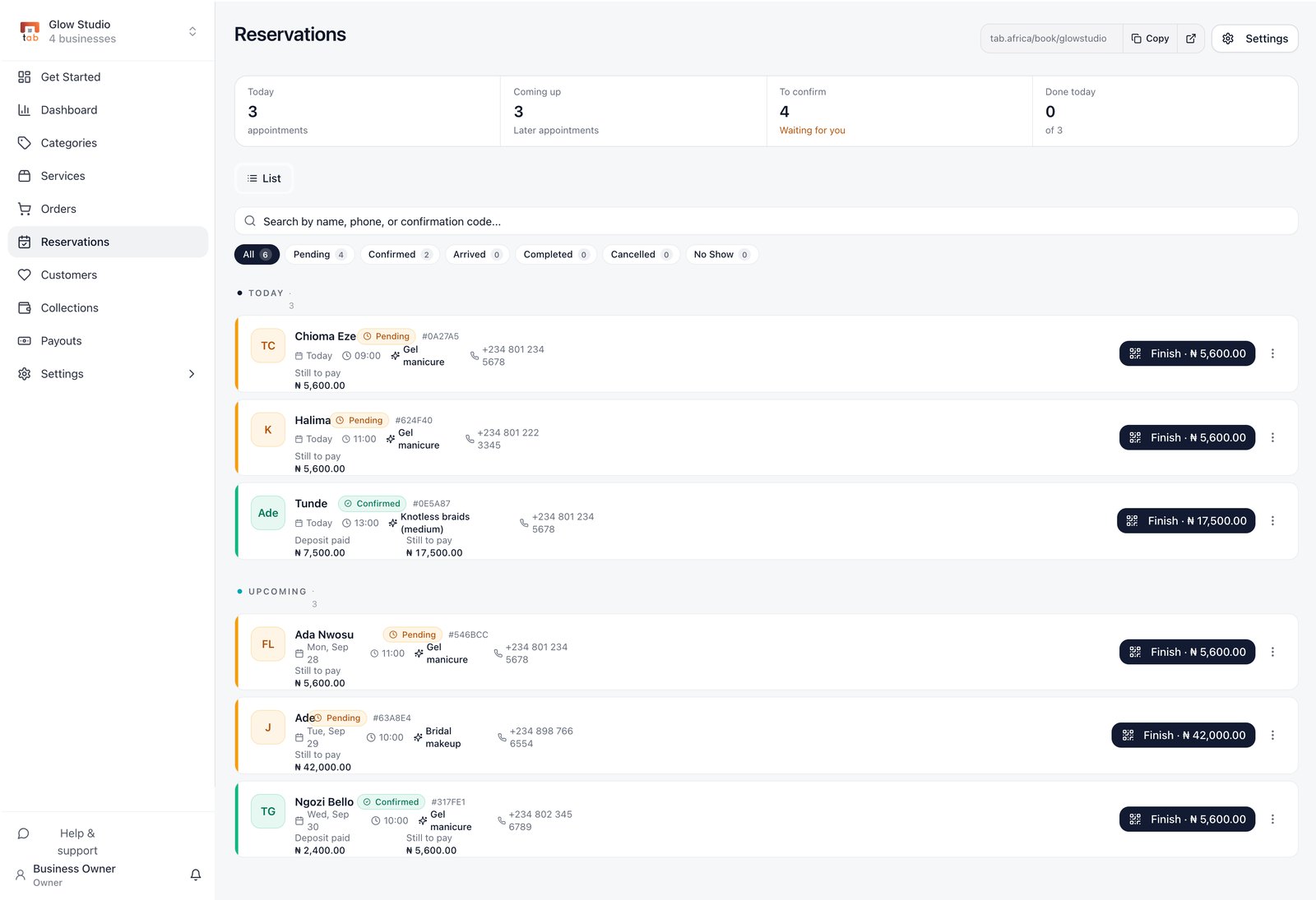 TAB's appointments screen: today's bookings with the time, the service, the customer's phone number, the deposit paid and the balance still to pay