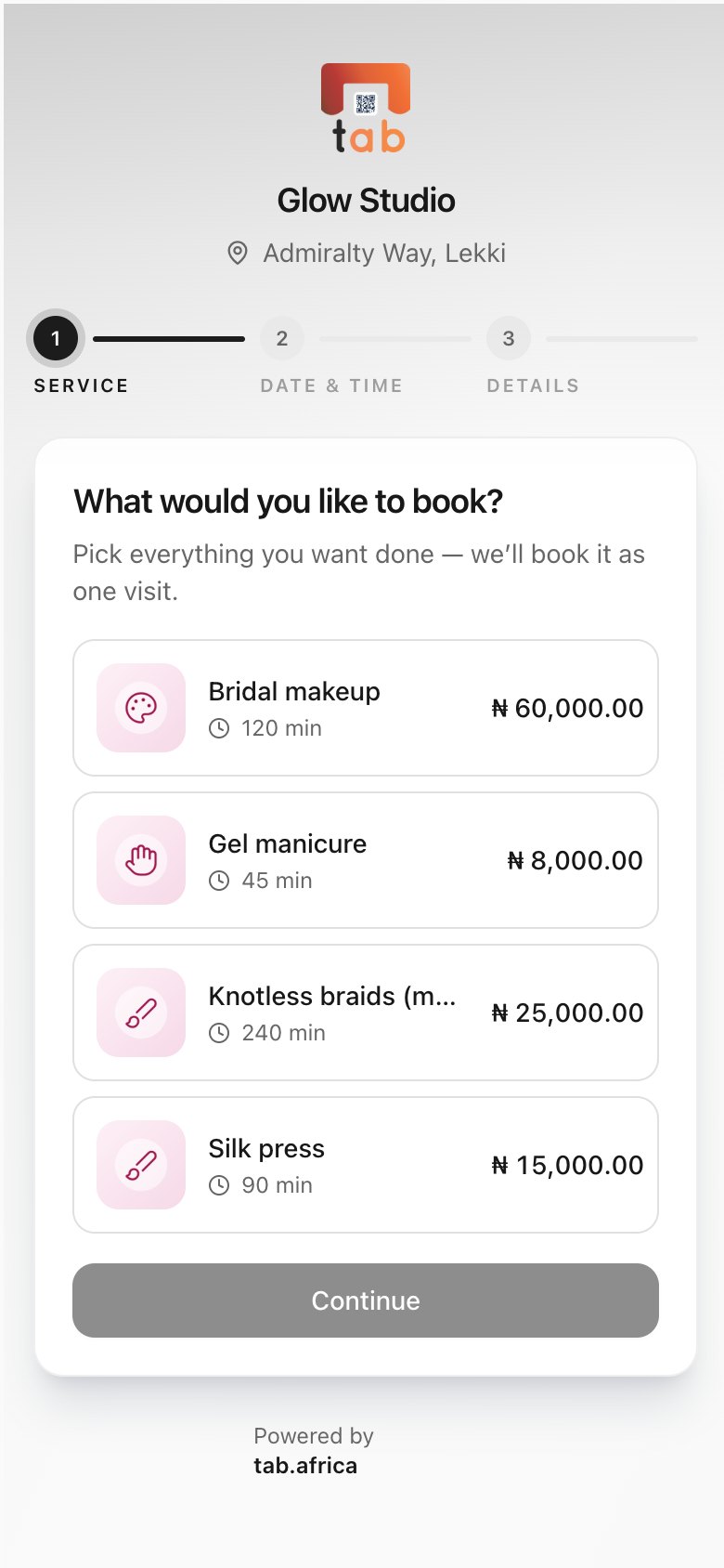 TAB's booking link on a phone: service, date and time, then details, with a list of treatments the customer can pick for one visit