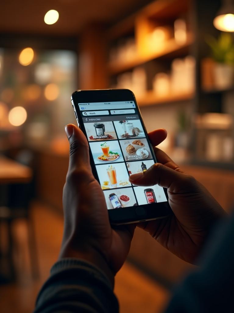 Hands holding a phone showing a catalog of items to order