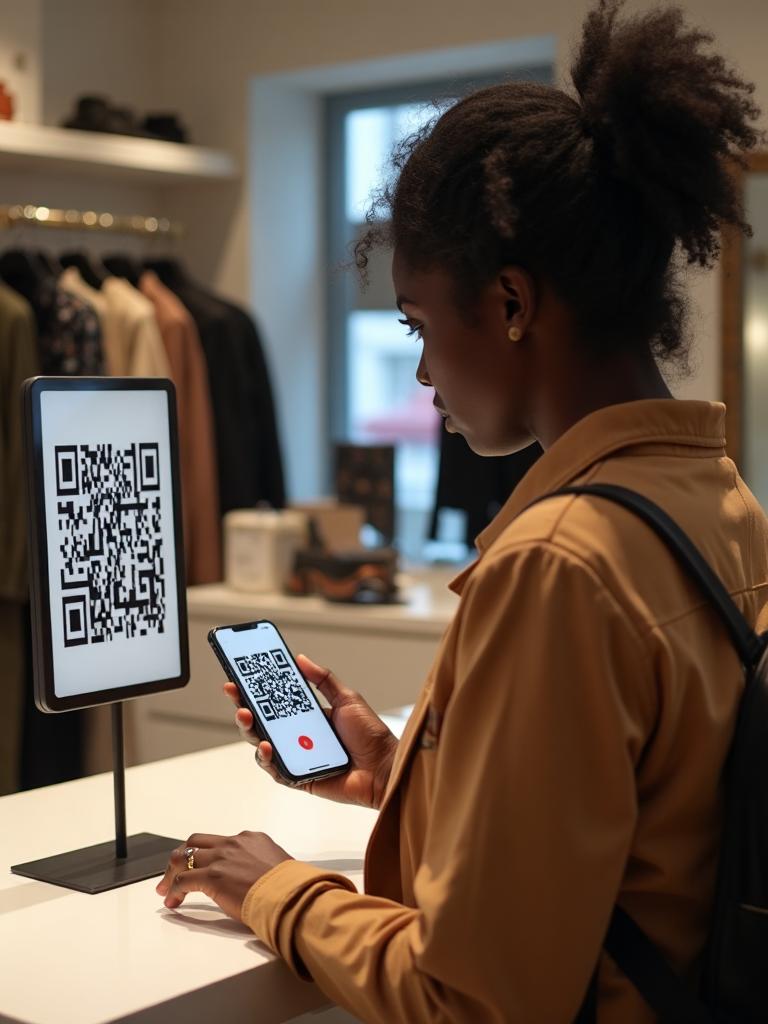 A customer in a clothing shop scanning a QR standee with her phone