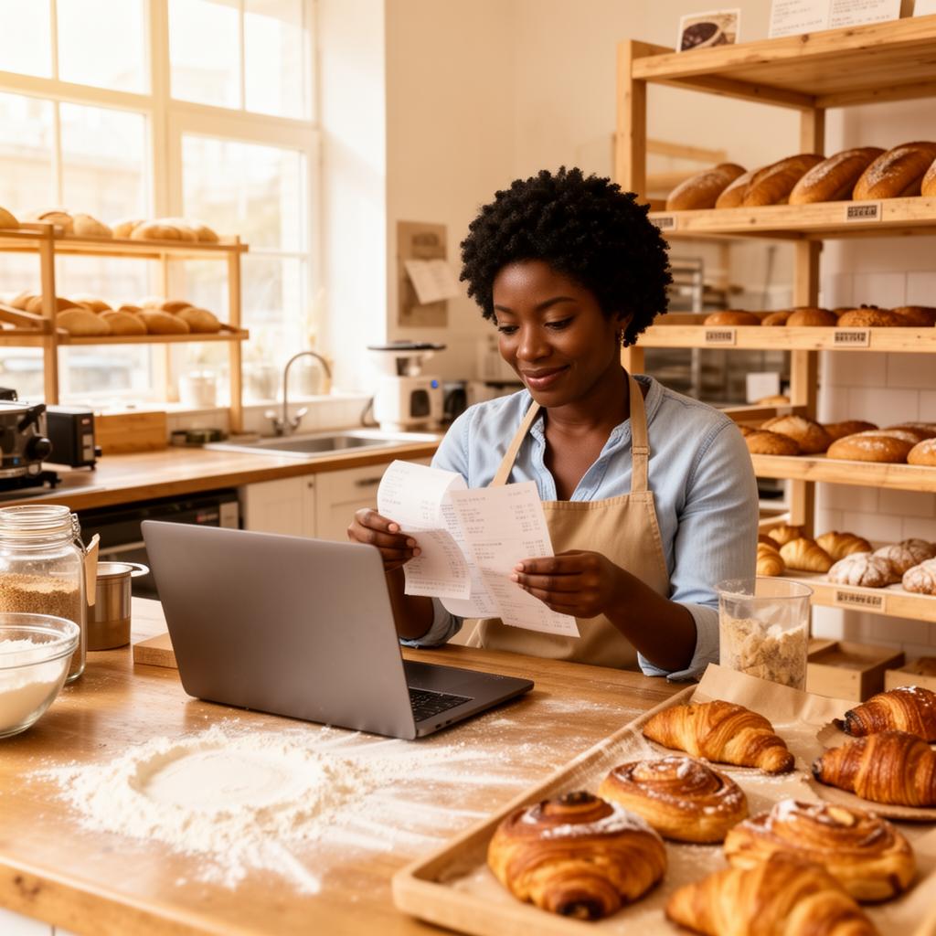 A shop owner checking stock against her records behind the counter