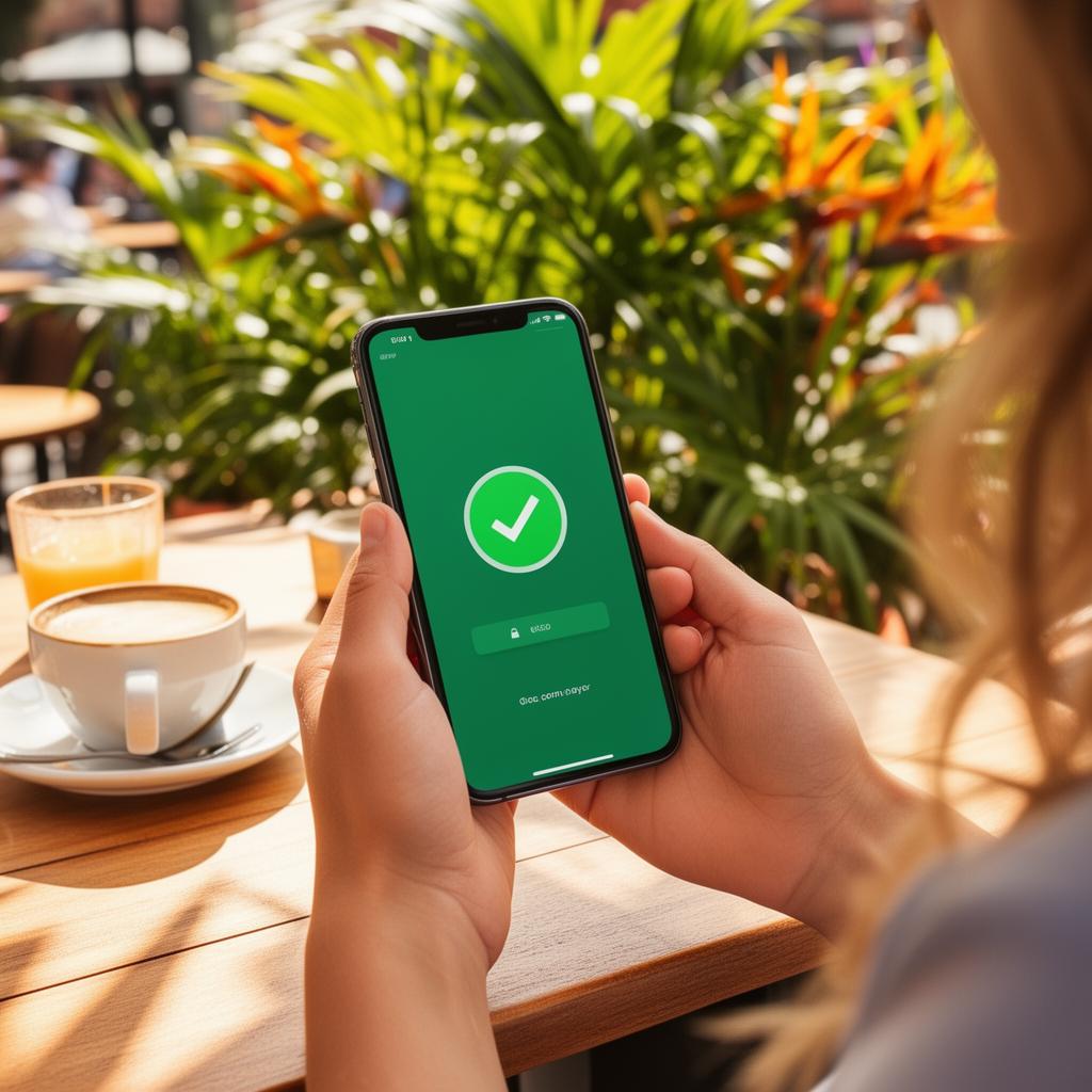 A phone showing a green payment confirmation at a café table