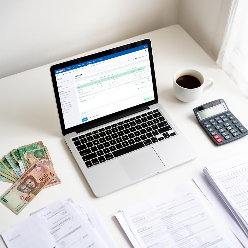 A desk with a laptop, Naira notes, a calculator and the day's paperwork