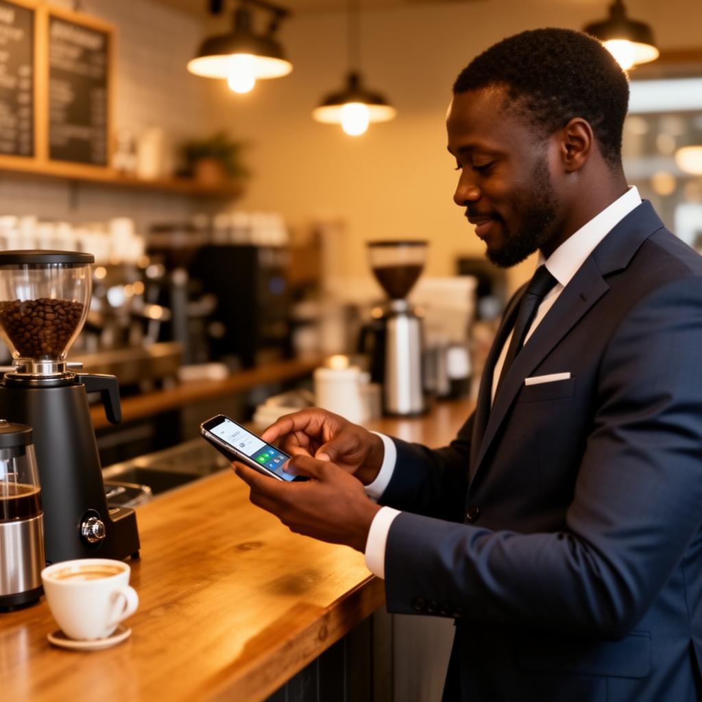 A customer at a counter paying from their phone
