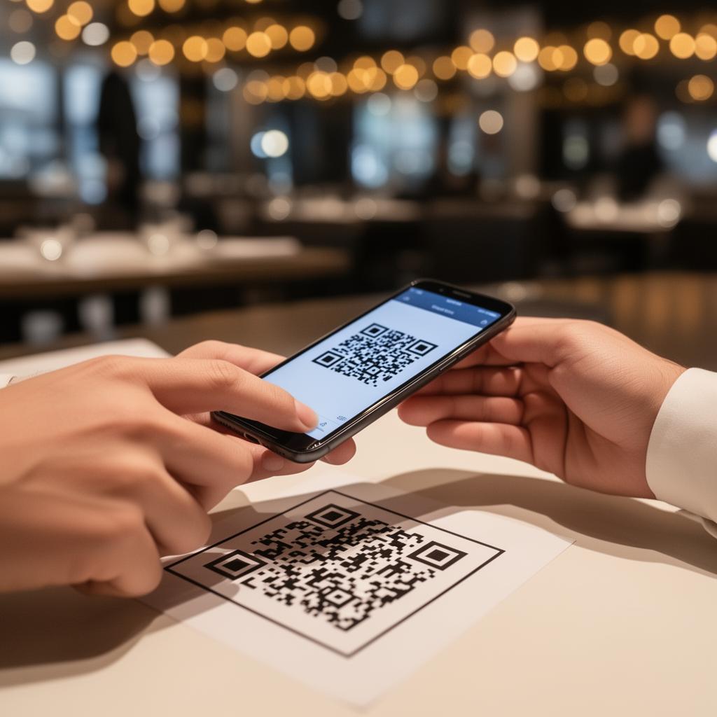 A customer scanning a printed QR code on a restaurant table with a phone