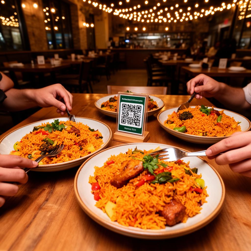 Plates of jollof rice on a table with a QR code standing between them