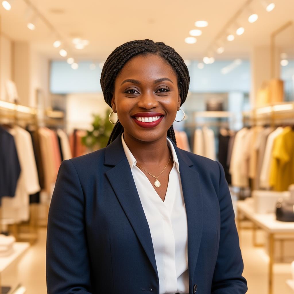A shop owner in front of her stock on the rails