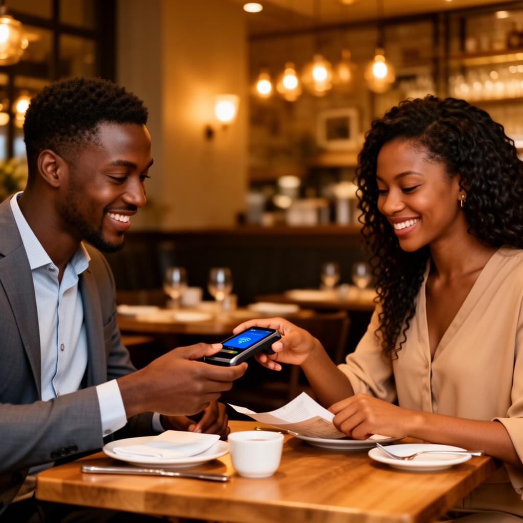 Two people at a restaurant table paying with a card terminal