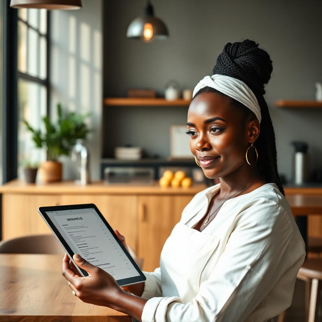 A woman in an apron in a café, holding a tablet showing the menu