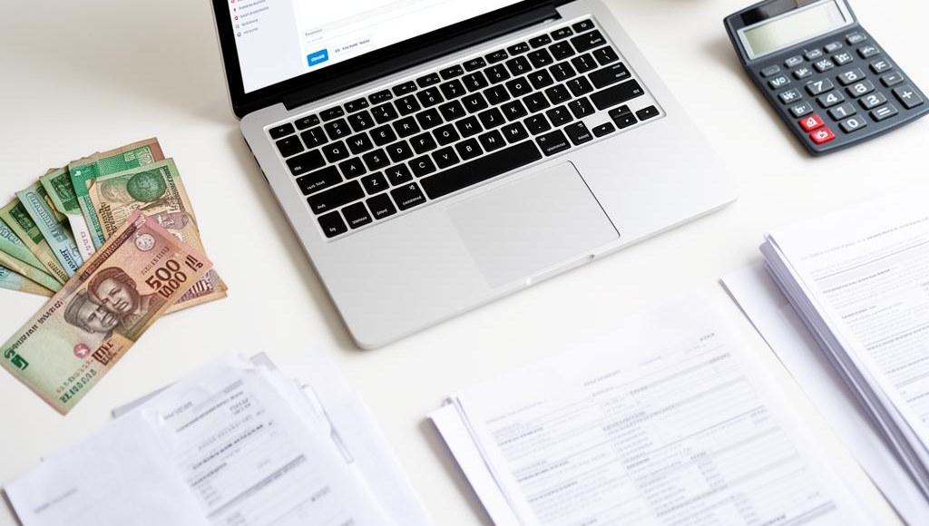 Naira notes, a calculator and a stack of paperwork on a desk