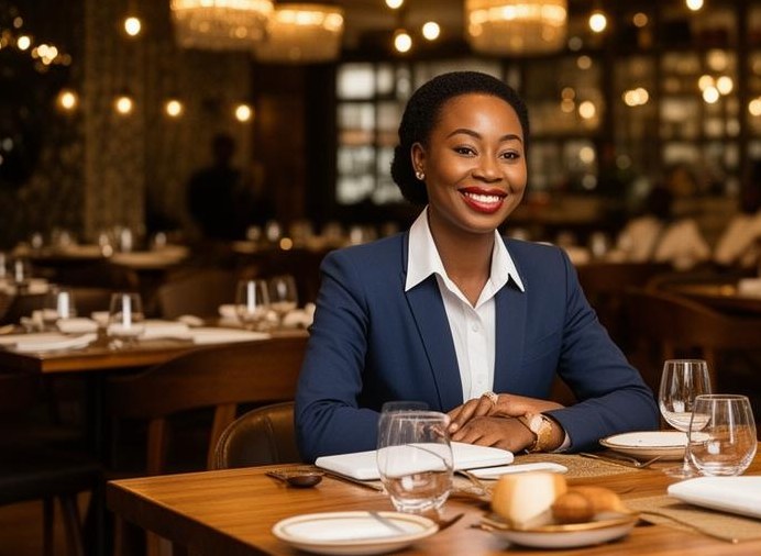 A restaurant owner sitting at a table in her own dining room