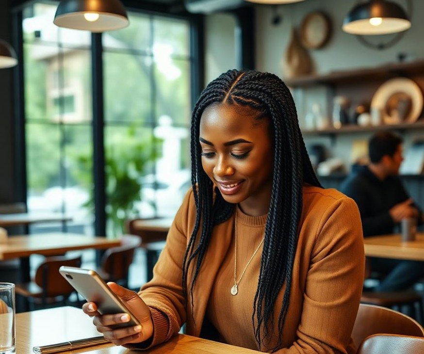 A woman reading her phone at a café table
