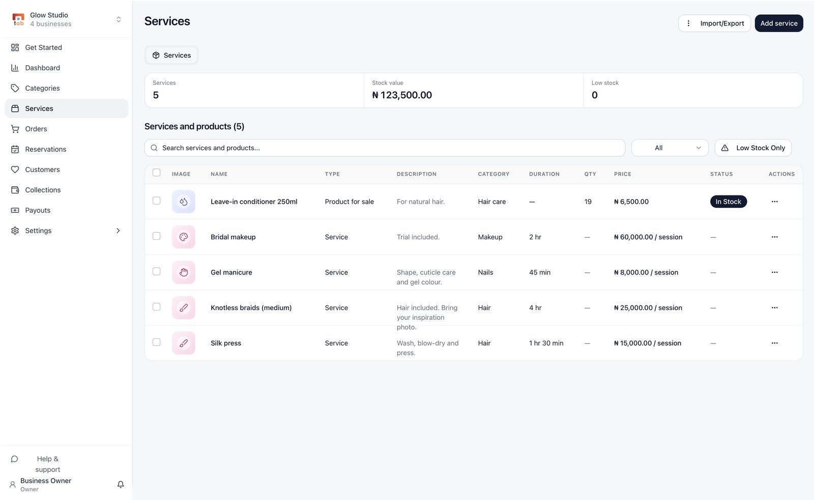 TAB's services screen for a salon: bridal makeup, a gel manicure, knotless braids and a silk press, each with its category, how long it takes and its price per session, beside a product with a stock count