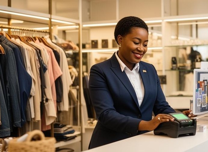 A shop assistant at a boutique counter with clothing rails behind her