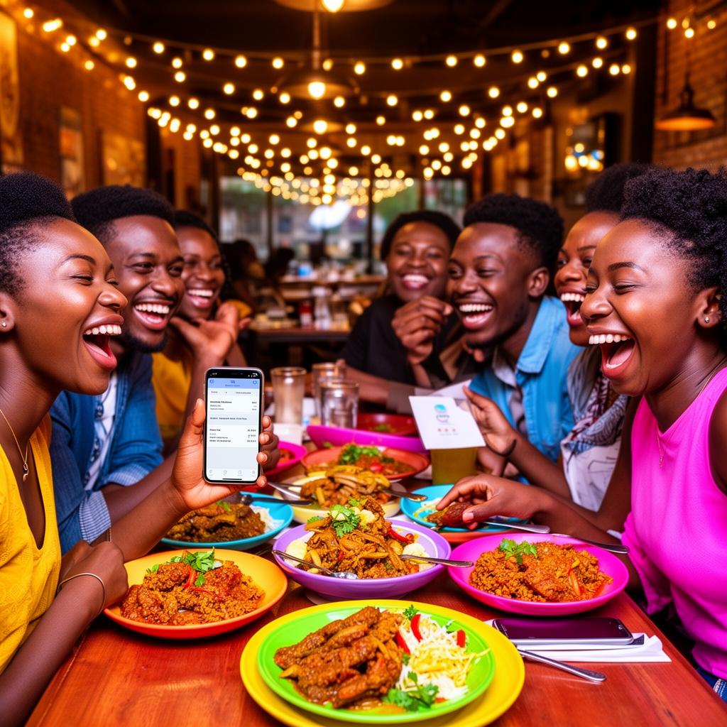 A group around a table of food, settling the bill on a phone