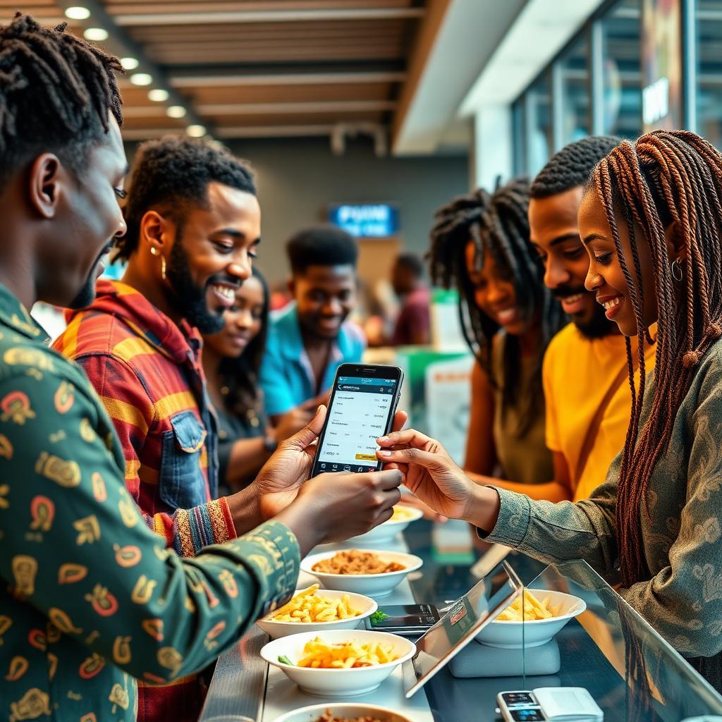 Customers at a busy food counter paying from their own phones