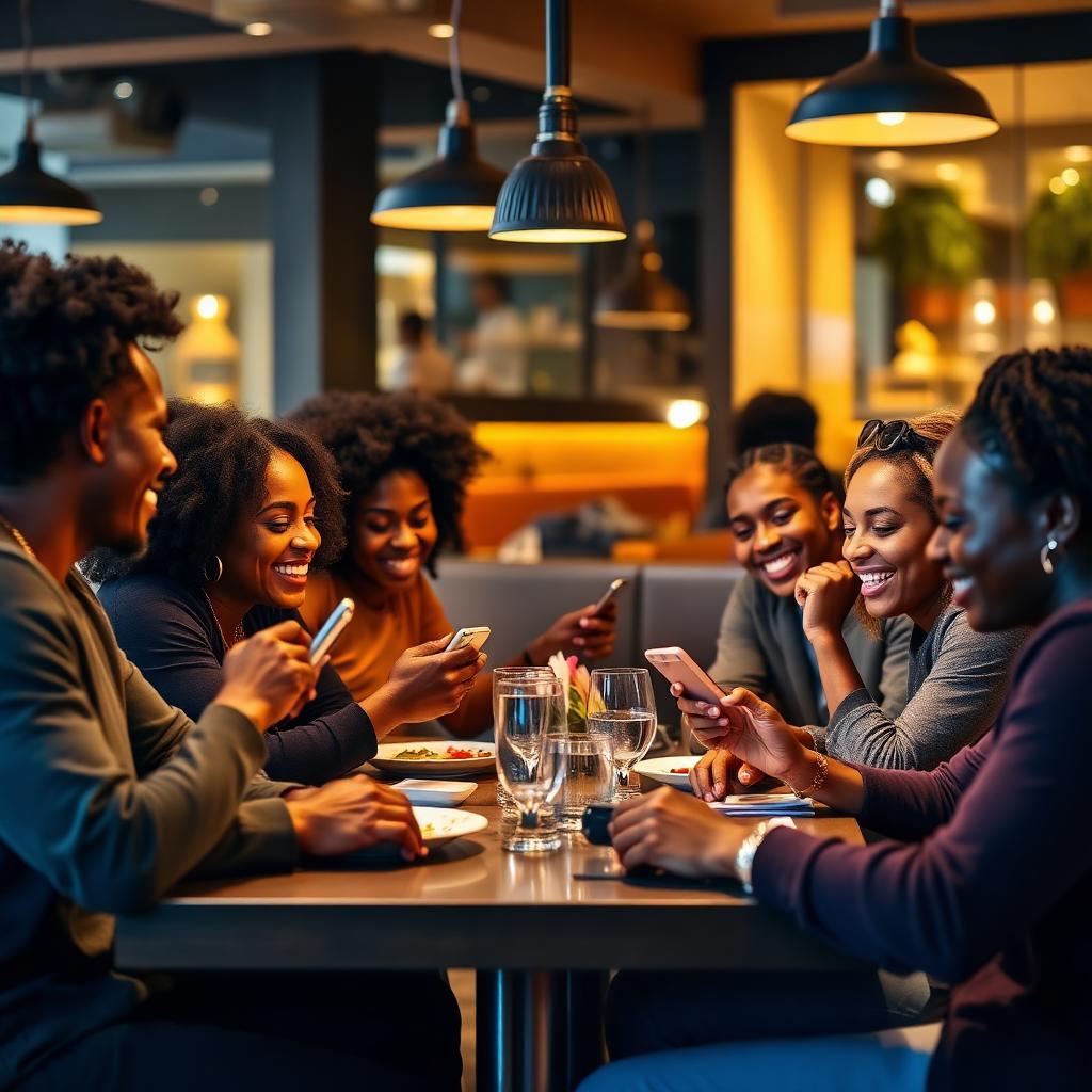 Friends around a restaurant table, each paying from their own phone